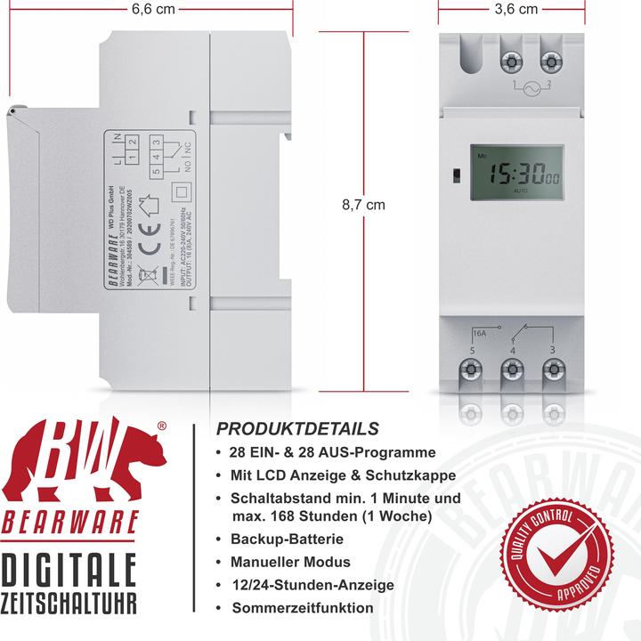 Produktbild Bearware Zeitschaltuhr digital für DIN Hutschienen im Verteilerschrank / Schalttafeln, LCD Display, 16A/3650W
