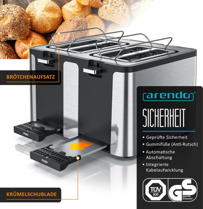 Immagine prodotto Arendo Toaster 4 Scheiben Kurzschlitz, Edelstahl, Automatik, Wärmeisolierendes Doppelwandgehäuse, 1750 W