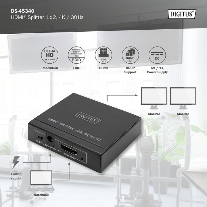 Actual product image Digitus HDMI® Splitter, 1x2, 4K / 30 Hz