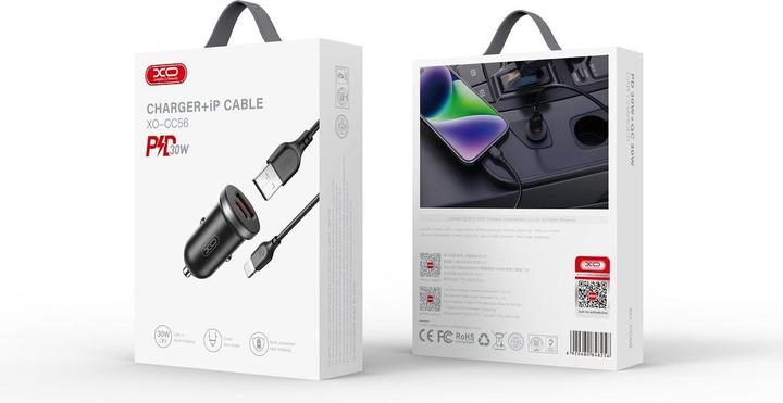 Image du produit xO chargeur de voiture CC56 PD 30W QC 1x USB 1x USB-C noir + câble USB - Lightning