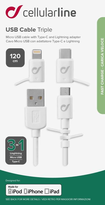 Image du produit Cellularline Câble USB Triple (1.20 m, USB 2.0)