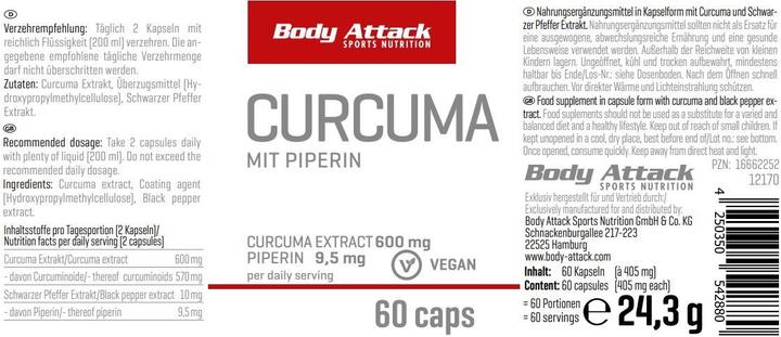 Nährwerte und Zutaten Body Attack Curcuma (60 Stück, Kapseln)