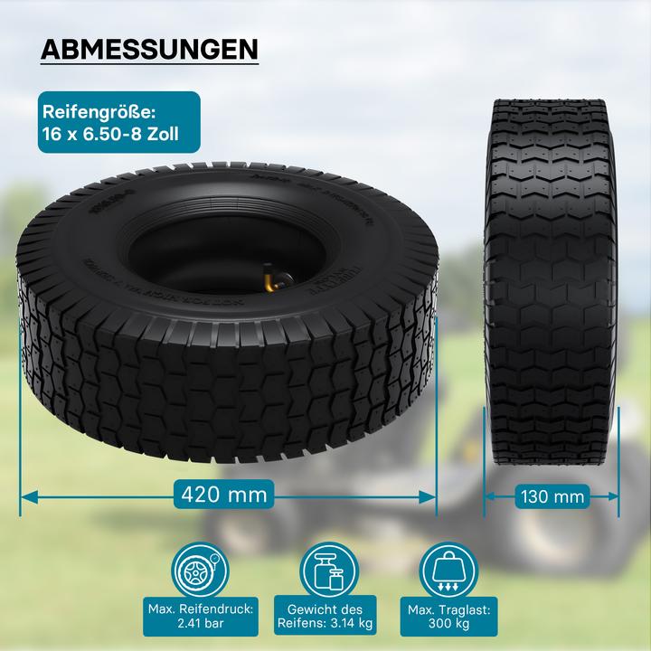 Actual product image Wiltec Tyre for lawn mower 16x6.50-8 4pr with innner tube and curved valve stem garden tractor (Lawn tractor, Tractor accessories)
