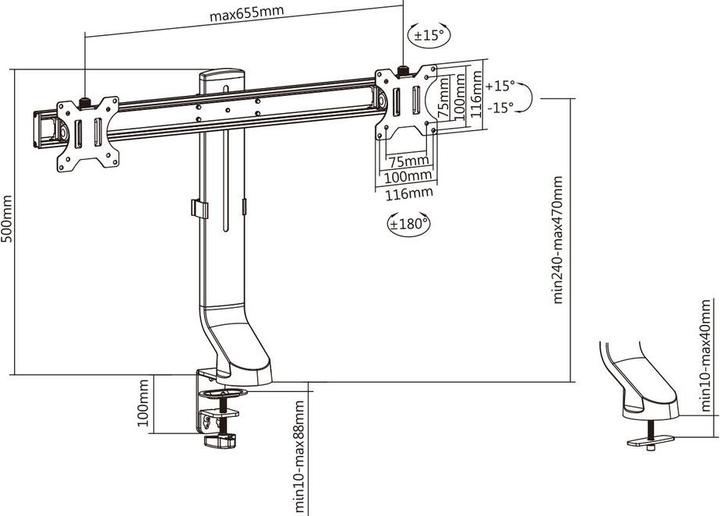 Image du produit Support de bureau pour écran avec barre transversale, 2 écrans jusqu'à 27 pouces, avec vis à molette (Tables, 27")