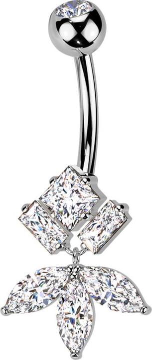Produktbild Star Piercing Banane silber mit Kugel Kristall silber und drei eckige Kristalle Anhänger Blatt Kristalle silber (Titan G23, Messing)