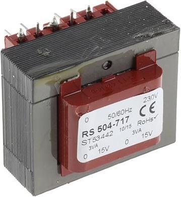 Actual product image Rs Pro PCB mount transformer,2x0-15V 0.2A 6VA