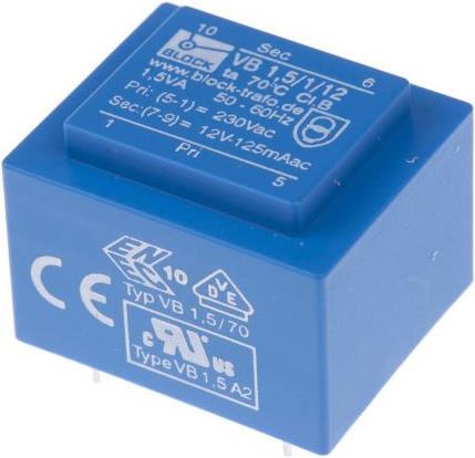 Actual product image Block PCB mount transformer 1.5VA 1x12 o/p