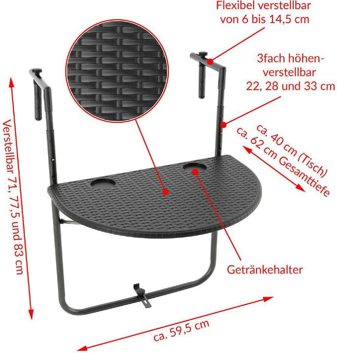 Produktbild VCM Balkonhängetisch Balkontisch Wandklapptisch Hängetisch stabil 59x40 cm schwarz (59 cm)