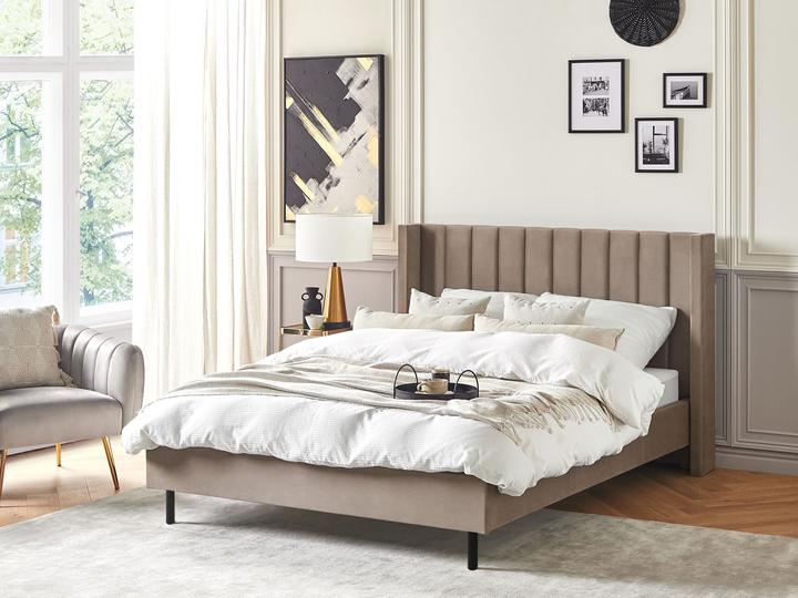 Actual product image Beliani Upholstered Bed Velvet Fabric taupe Slatted Frame 140 x 200 cm VILLETTE (140 x 200)