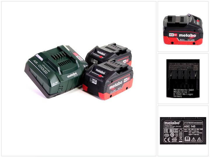 Produktbild Metabo LiHD 2x Akkupack 18V 8,0Ah ( 625369000 ) + Ladegerät ASC 145 ( 627378000 ) (18 V)