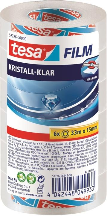 tesa 6x tesafilm KRISTALL-KLAR, hochtransparent, alterungsbeständig, mit starker Haftung (15 mm)