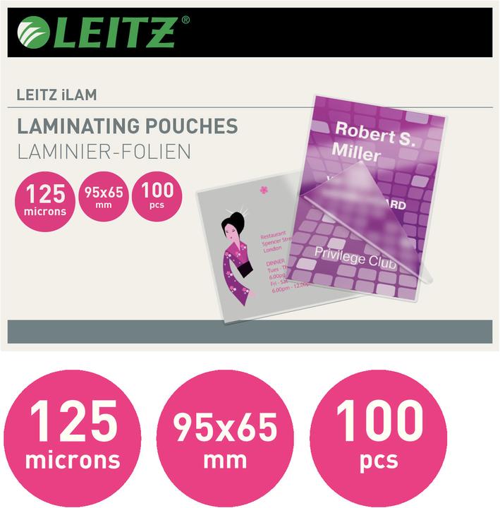 Actual product image Leitz Laminating foil pouch 65x95mm (65 x 95 mm, 100 Piece, 125 µm)