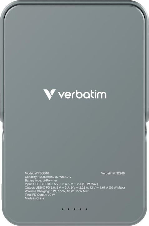 Actual product image Verbatim Charge ‘n’ Go Power Bank with Stand Magnetic Wireless 10000mAh - Grey (10000 mAh, 20 W, 37 Wh)