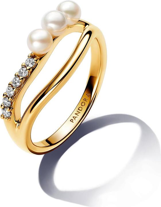 Actual product image Pandora Treated freshwater cultured pearl & organically shaped double band ring (56)