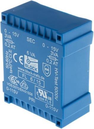 Actual product image Block Transformer FL PCB 6VA 2x15V