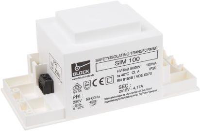 Block Isolation transformer,100VA 2x12V o/p