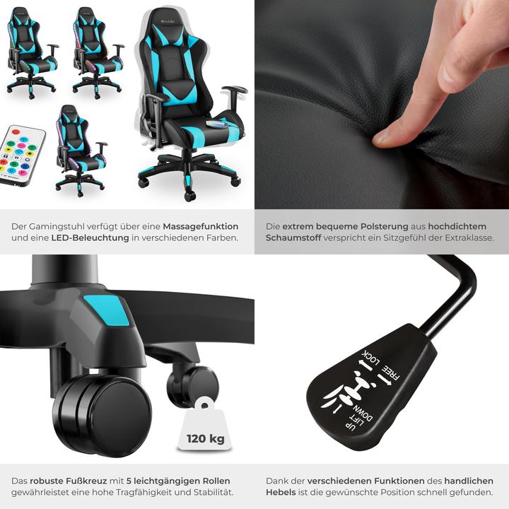 Produktbild tectake Gamingstuhl Tartaros, LED, Massagefunktion