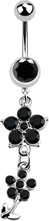 Produktbild Star Piercing Banane silber mit Anhänger zwei Kristallblumen schwarz (Chirurgenstahl 316L)
