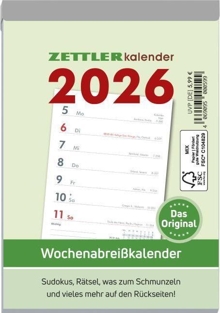 Produktbild Wochenabreisskalender 2025 - 10,5x14,6 cm - 1 Woche auf 1 Seite - mit Sudokus, Rezepten, Rätseln (Harter Einband, Deutsch)