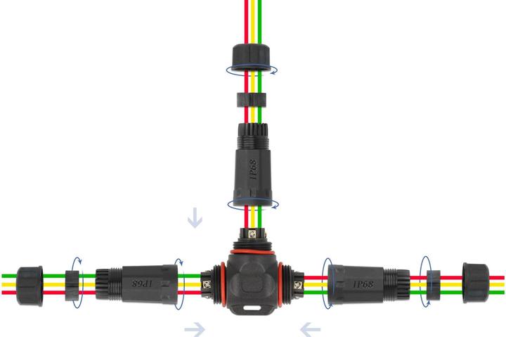 Produktbild Delock Kabelverbinder T-Form für Aussenbereich 3 Pin, IP68 wasserdicht, schraubbar, Kabeldurchmesser 4,5