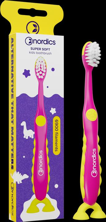 Produktbild Nordics Kinderzahnbürste 6900 Super Soft Rosa - Gelber Dinosaurier (Weich, 1 x)