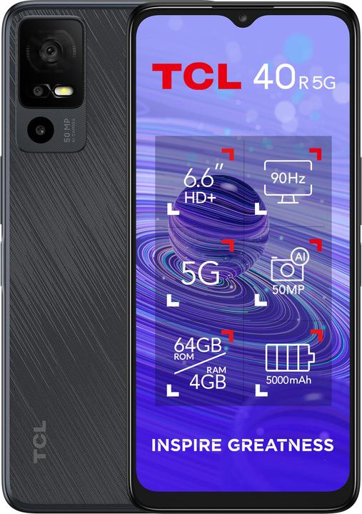 Produktbild Wind Tre TCL 40R 5G (64 GB, Starlight Black, 6.60", Hybrid Dual SIM, 50 Mpx, 5G)