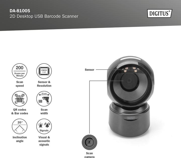 Actual product image Digitus 1D 2D Barcode Scanner Desktop (1D barcodes, 2D barcodes)
