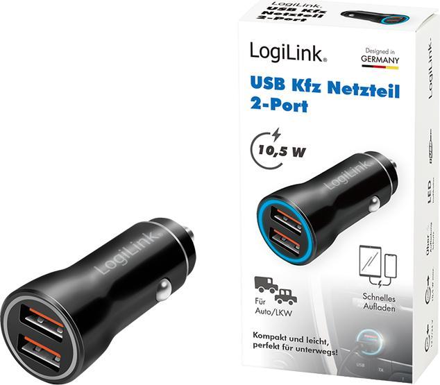 Actual product image LogiLink USB car power supply, 2x USB-A, 10.5 W, black