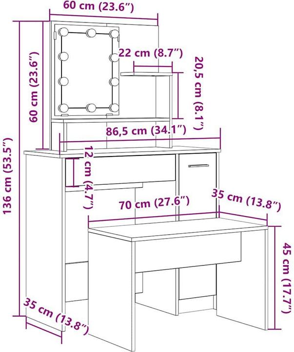 Image du produit VidaXL Schminktisch-Set mit LED-Leuchten Artisan-Eiche Holzwerkstoff (86.5 x 35 x 136 cm)