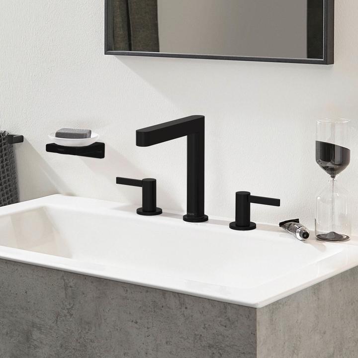 Produktbild hansgrohe HG 3-Loch-Waschtischarmatur FINORIS 160 m PO Ablaufgarnitur 1 1/4Zoll mattschwar