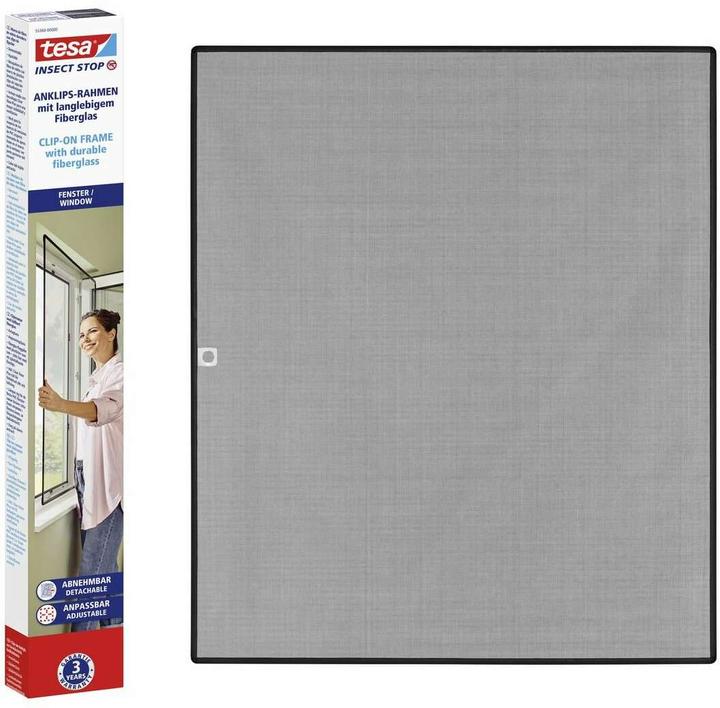 Produktbild tesa CLIP-ON Insektenschutz mit Anklipsrahmen für Fenster, zuschneidbarer Rahmen, ohne Bohren (120 x 140 cm)