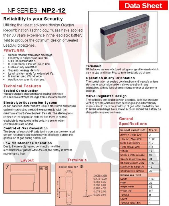 Nutritional values and ingredients Yuasa Battery NP2-12 (12 V, 2 Ah)