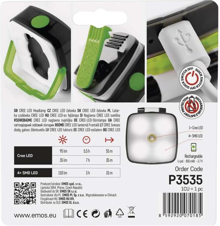 Produktbild Emos CREE + SMD LED aufladbare Stirnlampe P3535, 110 lm, 55 m (110 lm)