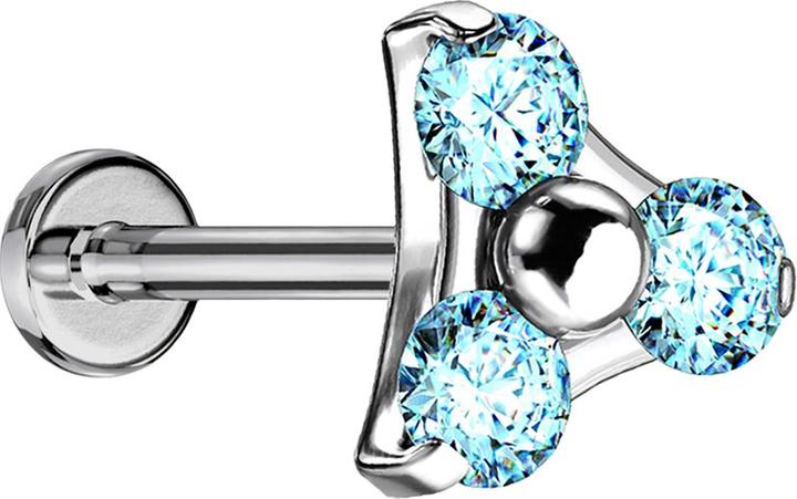 Produktbild Star Piercing Micro Threadless Labret silber Dreieck drei Kristalle aqua (ohne Messing, Titan G23)