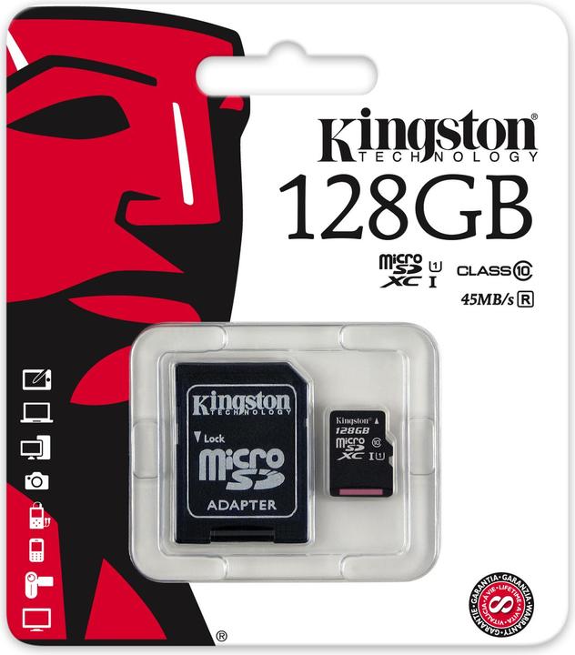 Productafbeelding Kingston microSDXC Kaart 128GB, incl SD Adap (128 GB, microSDXC, U1, UHS-I)