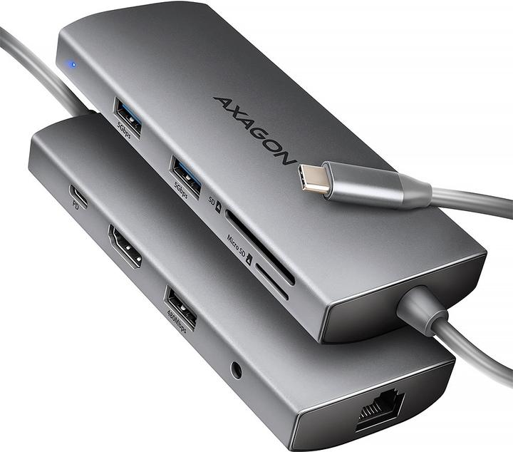 Actual product image Axagon HMC-8HLSA Wieloportowy hub USB-C 3.2 Gen 1 hub, 3x USB-A + 4K/30Hz HDMI + SD/microSD, GLAN, Audio (USB-C, 8 Ports)