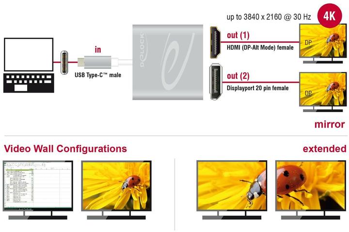 Image du produit Delock Splitter écran USB type-C vers HDMI & DP (DP, HDMI, 7.30 cm)