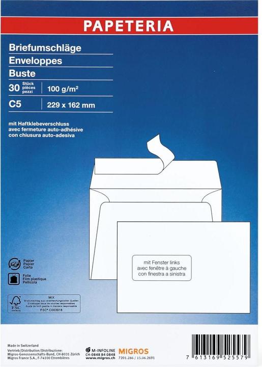 Produktbild Papeteria C5 Briefumschläge mit Fenster links (C5, 30 x)