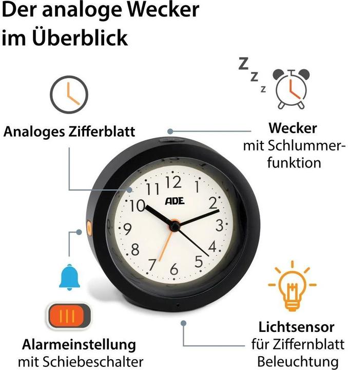 Produktbild ADE analoger Wecker mit Nachtlicht-Sensor
