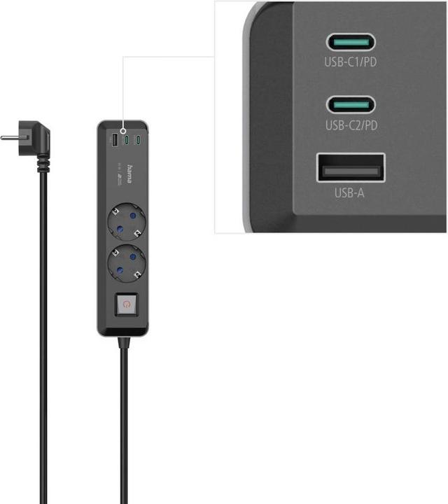 Produktbild Hama Steckdosenleiste, 2-fach, USB-C/A 65W, PD, Schalter, 1,4 m, Schwarz/Grau (2 x, CEE 7/3, 1.40 m)