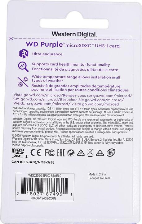 Image du produit WD Violet, Surveillance, microSD XC, Classe - 10, UHS 1 (256 Go, microSDXC, U1, UHS-I)