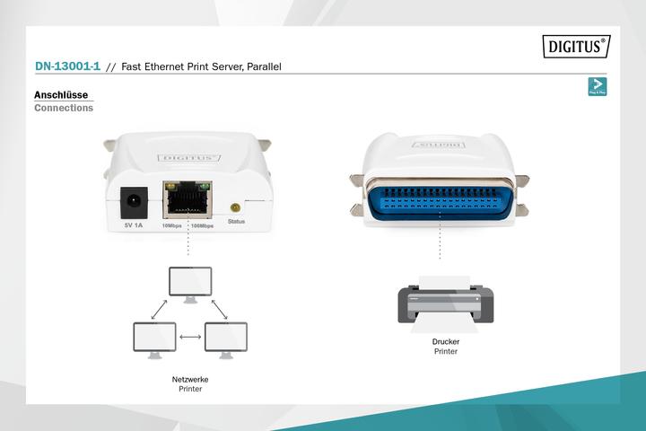Actual product image Digitus Fast Ethernet print server 1xParallel 1xRJ-45 incl. power supply unit