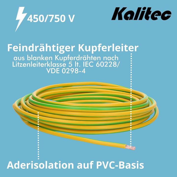 Actual product image Kalitec 10 metre H07V-K 1.5 mm² green-yellow wiring cable I flexible core cable I PVC single core (10 m)