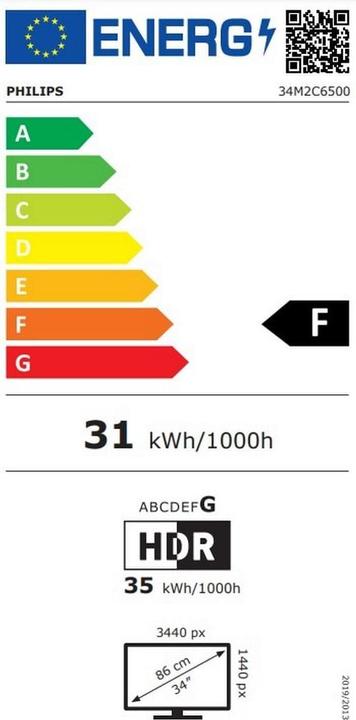 Energy Label Philips 34M2C6500/00 QD-OLED Curved Monitor, 0.03ms, HDR400, höhenverst., 2x HDMI, Port, USB-C (3440 x 1440 pixels, 34")