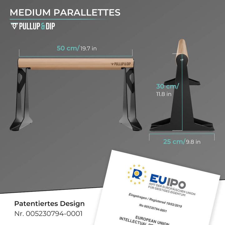 Image du produit Pullup & Dip Hochwertige Holz Parallettes mit ergonomischem Holzgriff und Blech Fen, low oder medium Ausfhrung