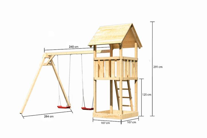 Actual product image Akubi Karibu children's play tower "Lotti" SET made of Nordic spruce, natural finish with swing extension