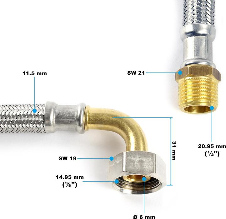 Actual product image XPOtool 300mm Flexible Hose DN8 3/8" UN Elbow (14.95mm) and 1/2" Male Thread (20.95mm) Armoured Ho