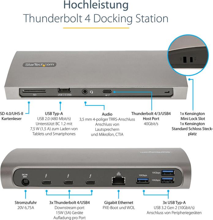 Produktbild StarTech com TB4CDOCKUE, Cablato, Thunderbolt 4, 96 W, 10,100,1000 Mbit/s, Nero, Grigio, MMC, MicroS (Thunderbolt, 3 Ports)