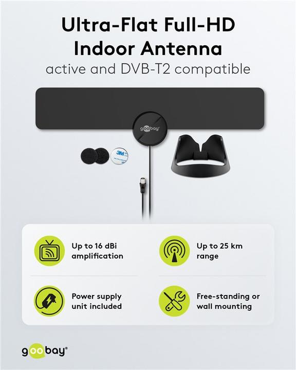 Produktbild Goobay Ultraflache Full HD DVB-T Zimmerantenne, inkl. LTE/4G Filter, Schwarz (Zimmerantenne, 16 dB, DVB-T / -T2)