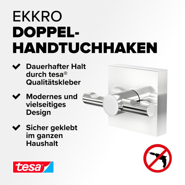 Productafbeelding tesa EKKRO Handdoekhaak, verchroomd roestvrij staal - Badkamerhaak voor wandmontage zonder boren